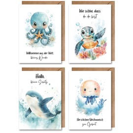 WBdesignz Birthday Card with Envelope Birth Ocean Pack of 3 - Birth Card Congratulations Birth Baby Parents Family Addition Underwater World Card for Birth (DIN A4)
