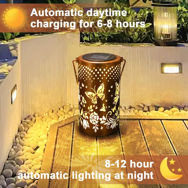 Solar Lanterns Outdoor Hanging Lanterns, Car On/Off Butterfly Hollowed Metal