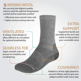 Rymora Walking Socks Hiking Socks Men Women (Unisex) (Merino Wool, Moisture Wicking, Seamless Toe) (3 Pairs - Grey) [L] (Large: UK 10.5-13 / EU 45-47)