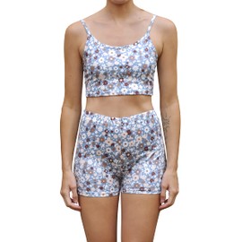 Daisy Del Sol Women's Crop Top Cami High Waisted Biker Shorts Yoga Athleisure Loungewear Co Ord Two Piece Matching Set (Indigo Floral Short, XL)