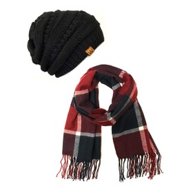 Wrapables Plaid Print Long Winter Warm Scarf and Beanie Hat Set, Navy/Wine + Black Beanie