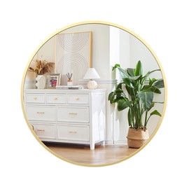 GarveeHome Gold Round Mirror for Wall 32 Inch, Aluminum Alloy Frame Round Mirror, High Definition Eco-Friendly Gold Circle Bathroom Mirror for Over Sink, Wall Mirror for Entryway, Bathroom, Vanity