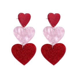 Three Love Heart Dangle Drop Earrings Unique Pink Red Heart Statement Earrings for Women-Red