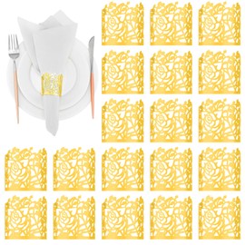 Lewtemi 150 Pcs Rose Flower Paper Napkin Rings Gold Disposable Paper Napkin Holder Laser Cut Hollow Napkin Bands Leaf Vine Serviette Rings for Christmas Wedding Party Dinner Events Table Decoration