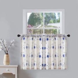 VOGOL Tiers Kitchen Curtains 36 Inch Length Small Cafe Curtain Panels for Bathroom Laundry Room Basement Rod Pocket Blue Flower Vines Embroidered Window Drapes, 30 x 36, 2 Pieces