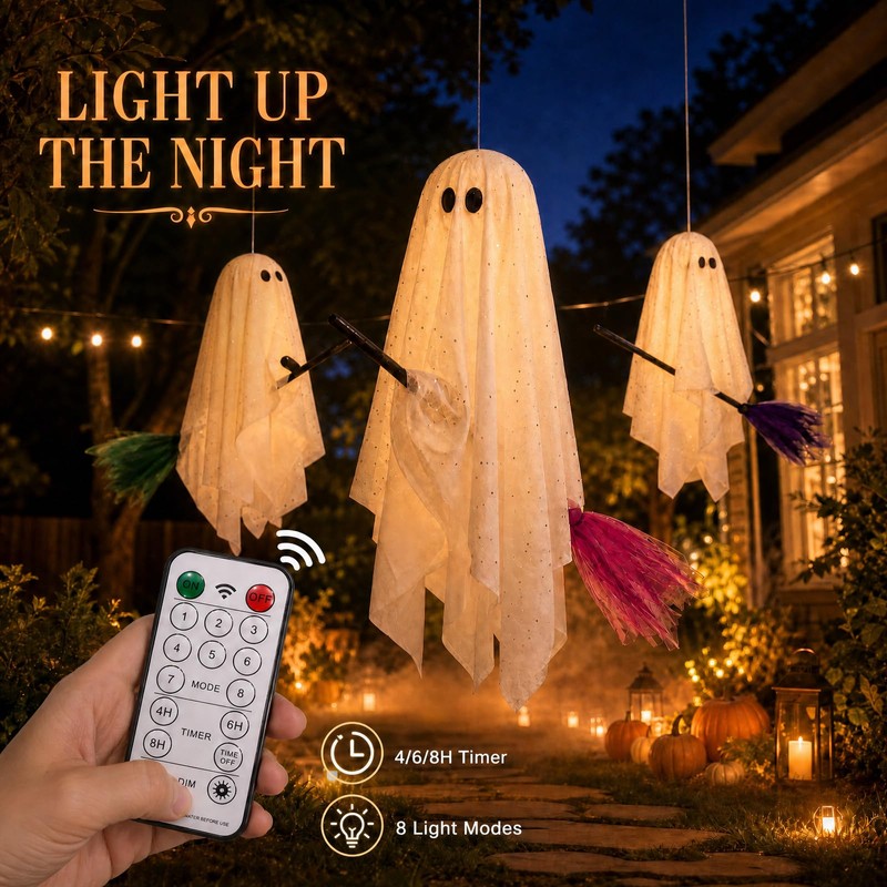 Halloween Decorations Outdoor, 3 Pack Hanging Light Up Ghosts on