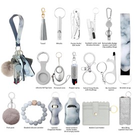 Araafur Wristlet Keychain Set with Wallet Card Holder and Pom pom Airtag Keychain Accessories for Women (Gray)