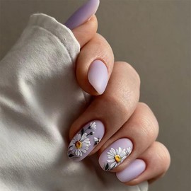 ORZOLATENT Purple Matte Daisy Flower Press-On Nails Kit, 24 Pieces with Jelly Glue, Stick, Alcohol Wipe, and File, Floral Design, Long-Lasting and Easy to Apply for Women, Ideal for all seasons