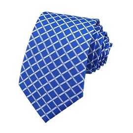 Men Bright Blue White Window Check Plaid Tie Formal Fashion Thanksgiving Dress Necktie