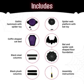 Littlesy Gothic Cat Tree with Coffin Cat Bed, Hammock, Spider & Bat Goth Cat Toys - 35 Inch Tall Coffin Cat Tree for Gothic Cat Lovers with Luxurious Gothic Cat Bed Experience Black and Purple