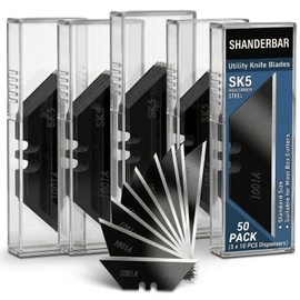 SHANDERBAR 50 Pack Utility Knife Blades, Black SK5 Steel Box Cutter Blades Refills, Heavy Duty Standard Razor Knife Blade Replacement with 5 Dispenser Cases, for Most Standard Utility Knives