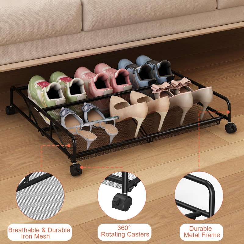 KOSIWU Under Bed Shoe Storage Organizer, Metal Mesh Under Bed
