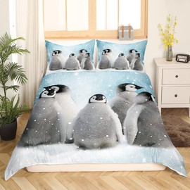 Homemissing Double Penguin Comforter Cover Set Cute Penguin Duvet Cover Fun Animals Bedding Set Children Adult Cute Animal Pattern Wool Super Soft Bedroom Decoration
