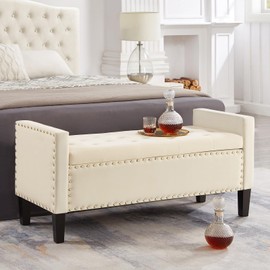 Velvet Storage Ottoman Bench with Armrests, Upholstered Button Tufted Entryway Bench with Nailhead Decoration, Large Shoe Storage Bench for Bedroom End of Bed, Living Room, Entryway, Hallway (Beige)
