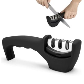 HoneyHu 3-Stage Professional Knife Sharpener with Directional Pull Technology - Diamond & Tungsten Wheels for Straight/Serrated Blades, Ergonomic Grip, Safe One-Way Sharpening System