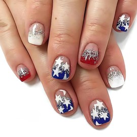 LPOODDNU Square Press on Nails Short Fake Nails, Blue Red Press on Nails Independence Day Designs Cute Nail Art Decorations Glossy Full Cover Glitter Star Glue on Nails for 4th of July, 24pcs