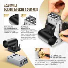 HOWOD Pocket Hole Jig Kit, Professional Metal Pocket Screw Jig System with Detachable Vacuum Adapter, Sharp and Durable 3/8" Titanium Drill Bits (3-Pack, 2025 Upgraded), Fits 1/2" to 3-1/8" Thick Wood