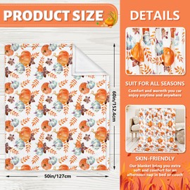 JarThenaAMCS Fall Throw Blanket Watercolor Orange White Blue Pumpkin Leaves Fuzzy Blanket Decorative Soft Cozy Flannel Blanket for Thanksgiving Home Bed Sofa Couch Chair, 50 x 60 Inch