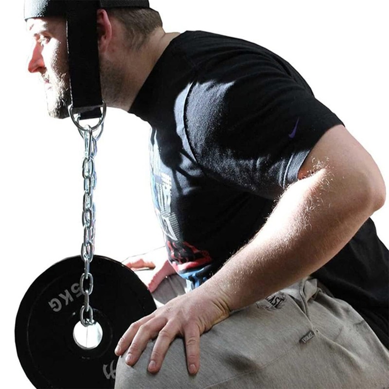 Fitness Neck Harness for Weight Training, Long Steel Chain and