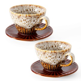 YINUOWEI Tea Cups and Saucers- 4oz Stackable Ceramic Espresso Cups & Cappuccino Cup Set of 2 for Coffee, Latte, and Tea, Durable Glazed White Porcelain tea Set & Modern Latte Cup Collection