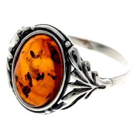 Silver Amber Jewellery - 925 Sterling Silver and Genuine Cognac Baltic Amber Classic Ring - AR1P