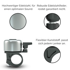 MARKEN FAKTUR® Bicycle Bell Mountain Bike - Includes Screwdriver - Bell Bicycle Made of Robust and Durable Stainless Steel - Bicycle Bell with Improved Fit - Road Bike Bell (Silver)