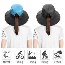 IYEBRAO Pack of 2 Ponytail Sun Hat Women's UV Protection Wide Brim Summer Hat with Neck Cord Sun Protection Hat Beach Hat Fishing Hat Fishing Hat Garden Hat Outdoor Hat, Blue + Grey, Pack of 2