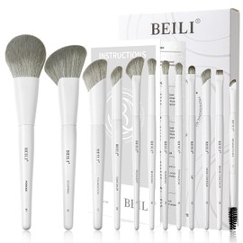 BEILI Set de Brochas de Maquillaje, Set de Brochas de Maquillaje Blancas, 12 Brochas Veganas para Base en Polvo, Corrector, Cejas, Sombras de Ojos, Contorno, Delineador de Ojos, Brocha para Difuminar(