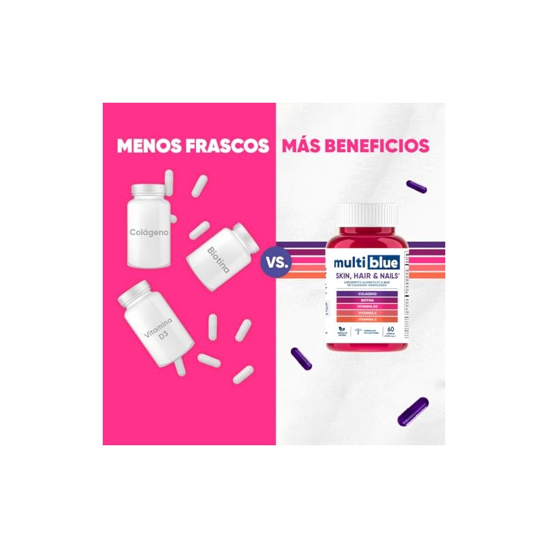MultiBlue - Colageno Biotina 60 Capsulas Formulado con Vitamina D3,