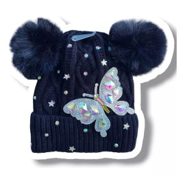 KH Gorro Dos Pompón Mariposa Brillos Dama Niña Afelpado