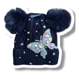 KH Gorro Dos Pompón Mariposa Brillos Dama Niña Afelpado