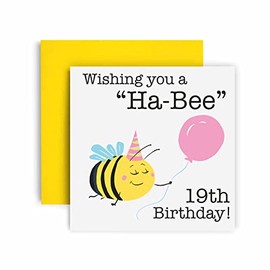 Huxters Birthday Cards for Women – Wishing You a Ha-Bee 19th Birthday Card for Her – Funny Birthday Cards for Teeneager – Girl - Daughter - Sister 19th Birthday Card with Envelope (19th)