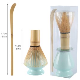 Matcha Tea Set Bamboo Matcha Whisk, Ceramic Whisk Holder, Tea Scoop, Japanese Matcha Tea Tool Kit Set of 3 Green