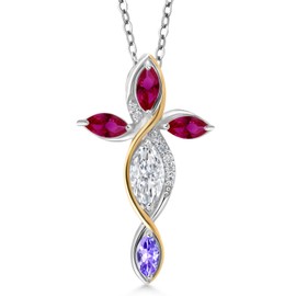 Cross Necklace For Women In 925 Silver and 10K Yellow Gold with White Moissanite and Created Ruby and Tanzanite | 1.55 Cttw | Jesus Christian Religious Crucifix | Marquise 8X4MM | With 18 Inch Chain
