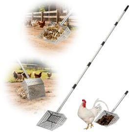 Toomprover 304 Stainless Steel Chicken Poop Scooper & Rake 2-in-1 with Spill-Proof Sides, 10 inch Coop Scoop - 38" to 80" Adjustable Handle & Perfect Sifting Holes