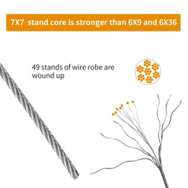 USAMILY 1/16" Stainless Steel Cable Wire Rope, 100FT Length 7x7 Strand Core with 50Pcs Aluminum Sleeves and 12Pcs Thimbles for Railing, Hanging String Lights, Picture Hanging