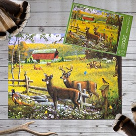 Crown Point Graphics Hunting Season 500 Piece Jigsaw Puzzle, Artist J Charles, Soft Touch Design, Fall Farm Puzzles with Deer and Covered Bridge