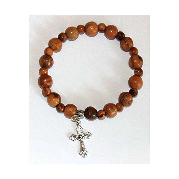 FavorOnline Olive Wood Jerusalem Rosary Bracelets from The Holy Land with Silver Crucifix