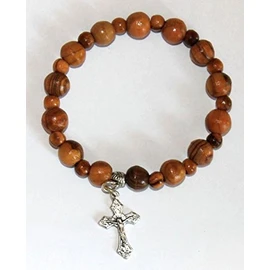FavorOnline Olive Wood Jerusalem Rosary Bracelets from The Holy Land with Silver Crucifix