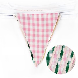 32Ft Pink Green Gingham Camp Bride Banner Green Pink Plaid Checkered Fabric Triangle Flag Pennant Garland Streamers for Camping Bachelorette Glamping Baby Shower Wedding Birthday Party Decorations