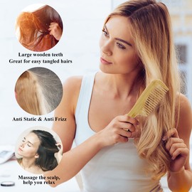 Wide Tooth Comb, Natural Bamboo Comb Curling Comb Coarse Wide Comb Curls Lightweight Detangler Comb for Women Men Straight Curly Wavy Thick Hair (3 mm Teeth Width)