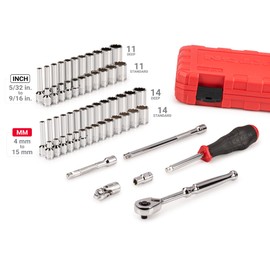TEKTON 1/4 Inch Drive Shallow and Deep 12-Point Socket and Ratchet Set with Case, 56-Piece (5/32-9/16 in., 4-15 mm) | SKT05304