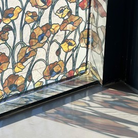 funlife Original Hand-Drawn Faux Stained Glass Window Film, Double-Sided Static Cling Window Cling Suitable for Entryway, Reusable Glass Windows Door Decor, 11.8"x118", Yellowish-Brown Poppy