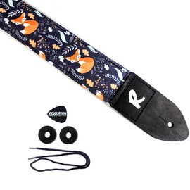 Fox Guitar Strap - Blue Fox, Genuine Leather Ends, Includes 2 Strap Locks & 1 Pick. Adjustable Strap, Pick Pocket, For Bass, Electric & Acoustic Guitars Gift for Guitar Players Men, Women & Kids