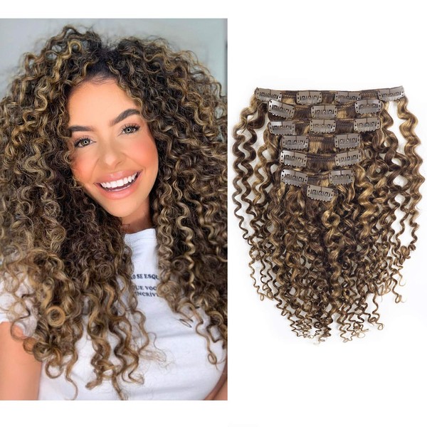 Clip in Human Hair Extensions Afro Jerry Curly 3B 3C Real Hair Clip in Extensions For Black Women Natural Black Color 100% Brazilian African American Hair Extension (20 inch, Jerry Curly #P4/27)