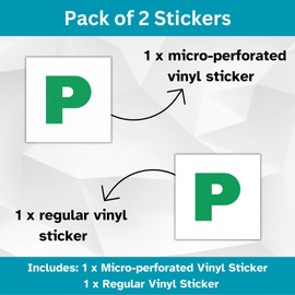P Plate Stickers for New Driver | Micro-Perforated Tech: See-Through Inside, Bold Outside | Includes Both Micro-Perforated & Solid Vinyl Stickers | 7"x7" | C&J Goods (2 Pack)