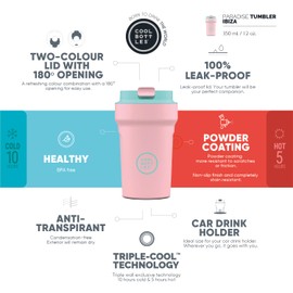 Cool Bottles - Paradise Tumbler - Thermobecher aus Edelstahl - 350 ml - Ibiza - Rosa und Cyan - Luftdichter Deckel - Kalte Getränke 10 Stunden und heiße Getränke 5 Stunden - Fleckabweisend