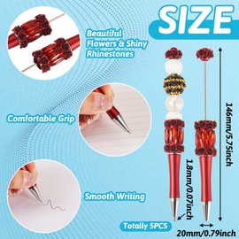 Beadthoven 5pcs Fancy Beadable Pens, Crystal Gems Beaded Pens Sparkly Rose Flower Diamond Shaft Black Ink Ballpoint Pens for Office School Wedding Gift Making Supplies DIY Crafting Red Christmas