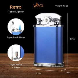 Visol Retro Butane Torch Lighter Triple Flame Refillable Gas Lighter, Built-in Cutter, Detachable Poker and Windproof Adjustable Flame Lighter (Ships Without Butane)