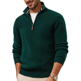 Mens Pullover Sweater Quarter Zip Pullover Long Sleeve Stripe Knitted Business Casual Warm Sweater Dark Green
